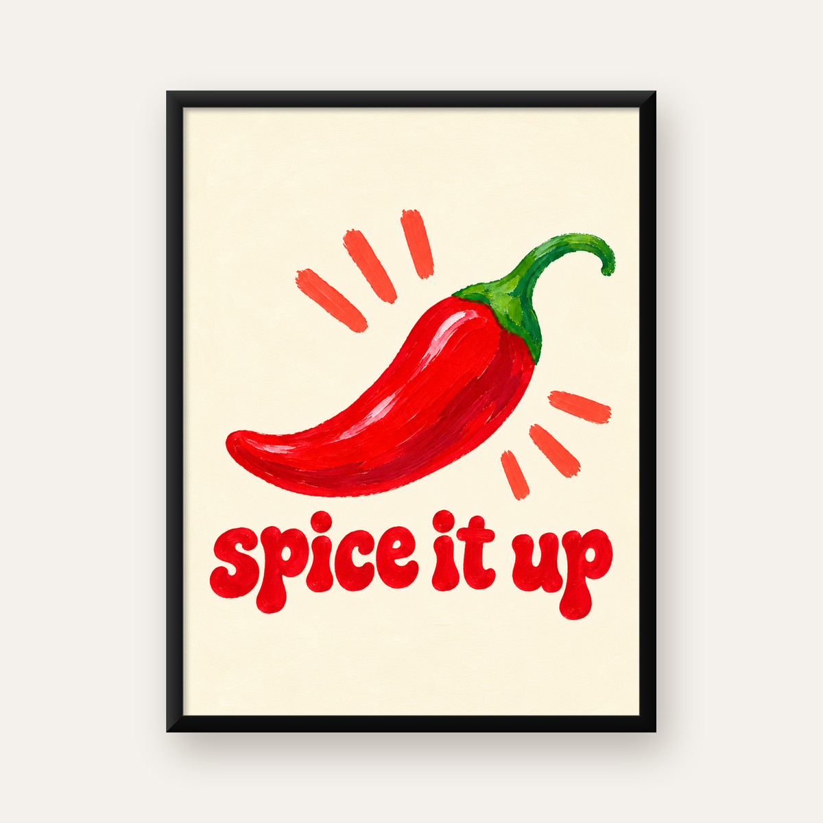 Kırmızı Biber İllüstrasyonlu Baharat Temalı Poster, Spice It Up — Dikey baskı, düz siyah çerçeveli duvar posteri