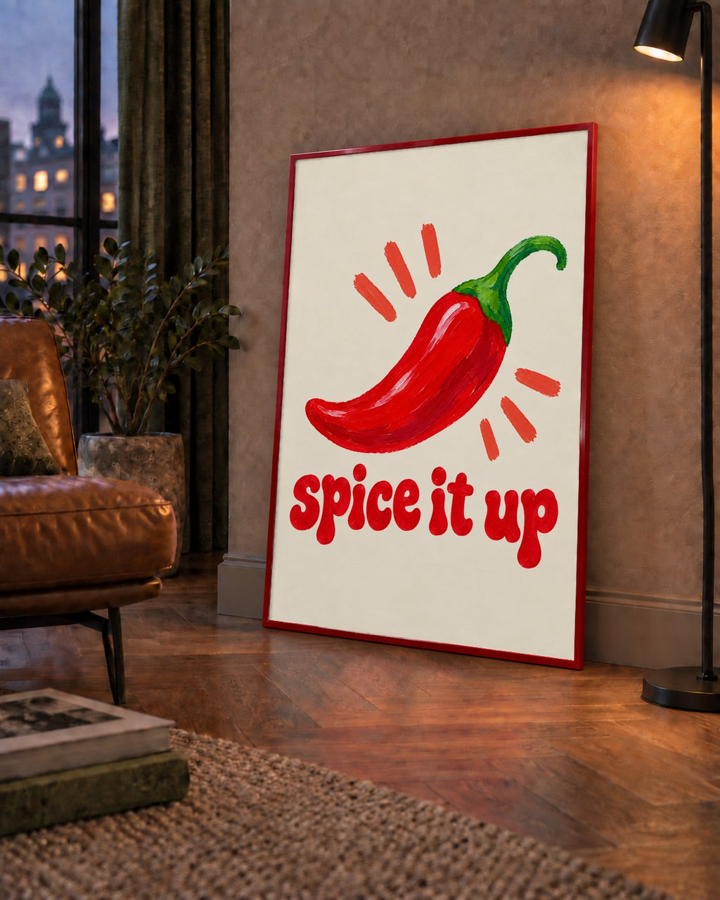 Spice It Up Kırmızı Biber İllüstrasyon Poster – Canlı Sanat Baskısı — çerçeveli hâliyle bir ev duvarında