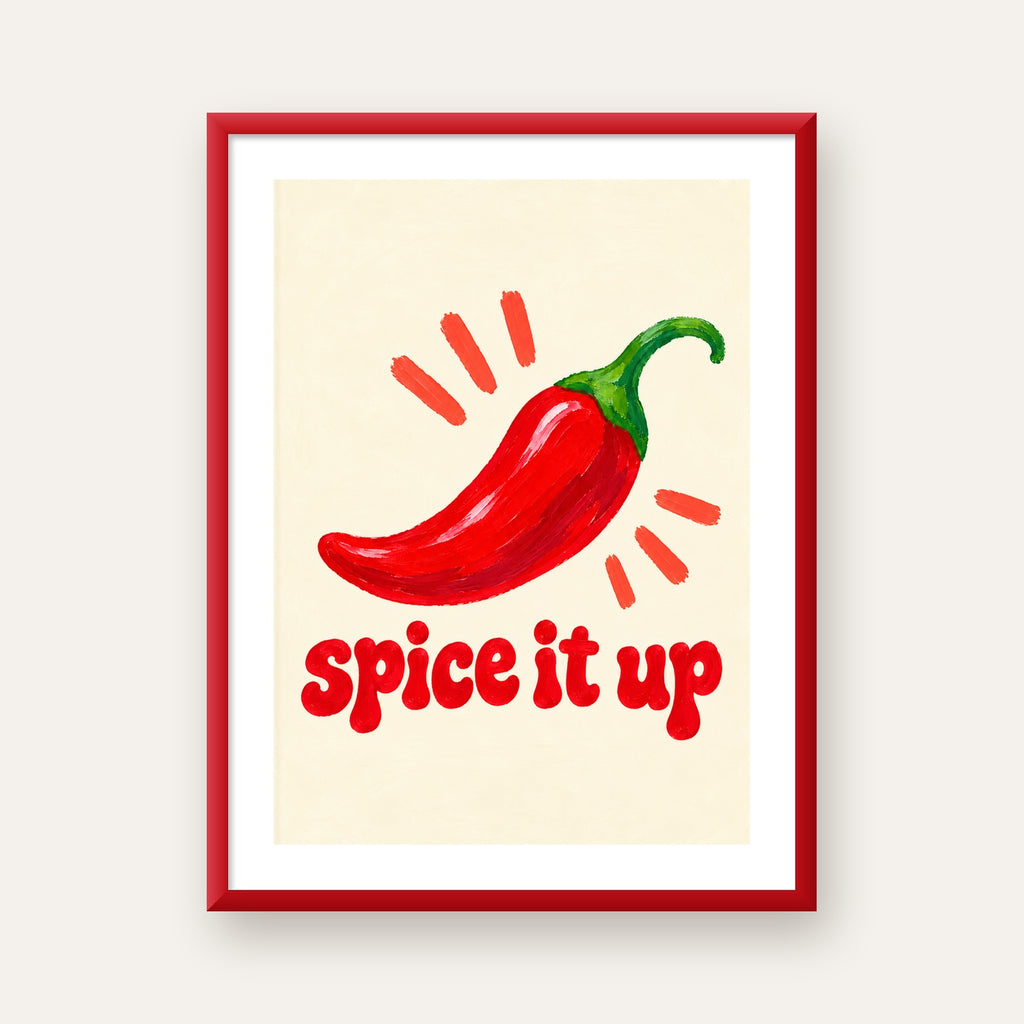 Spice It Up Kırmızı Biber İllüstrasyon Poster – Canlı Sanat Baskısı — kırmızı çerçeveli paspartulu