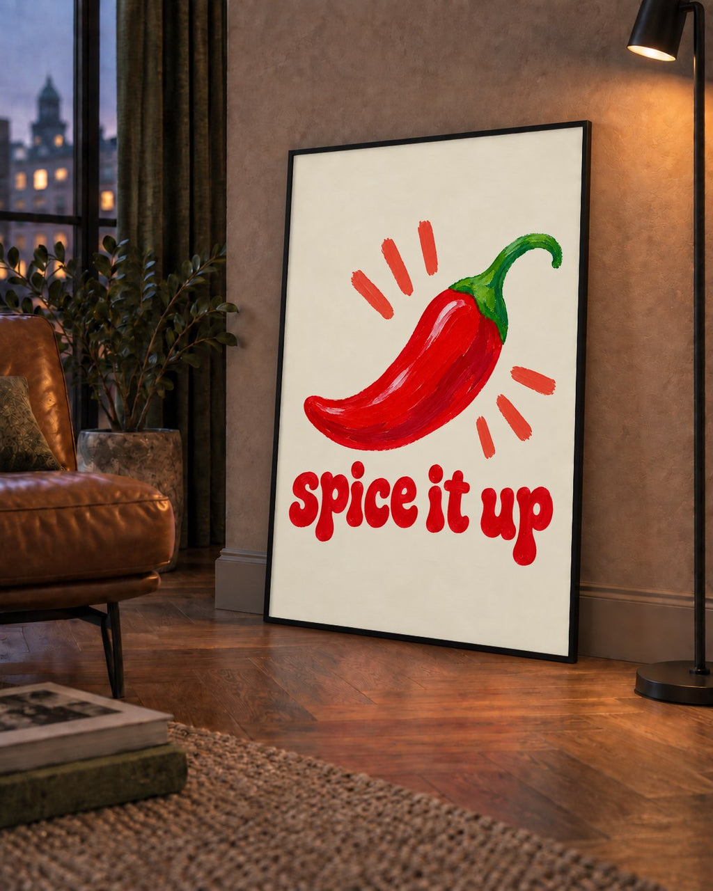 Spice It Up Kırmızı Biber İllüstrasyon Poster – Canlı Sanat Baskısı — çerçeveli hâliyle bir ev duvarında