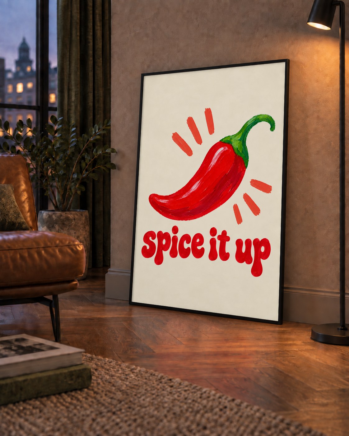 Spice It Up Kırmızı Biber İllüstrasyon Poster – Canlı Sanat Baskısı — çerçeveli hâliyle bir ev duvarında