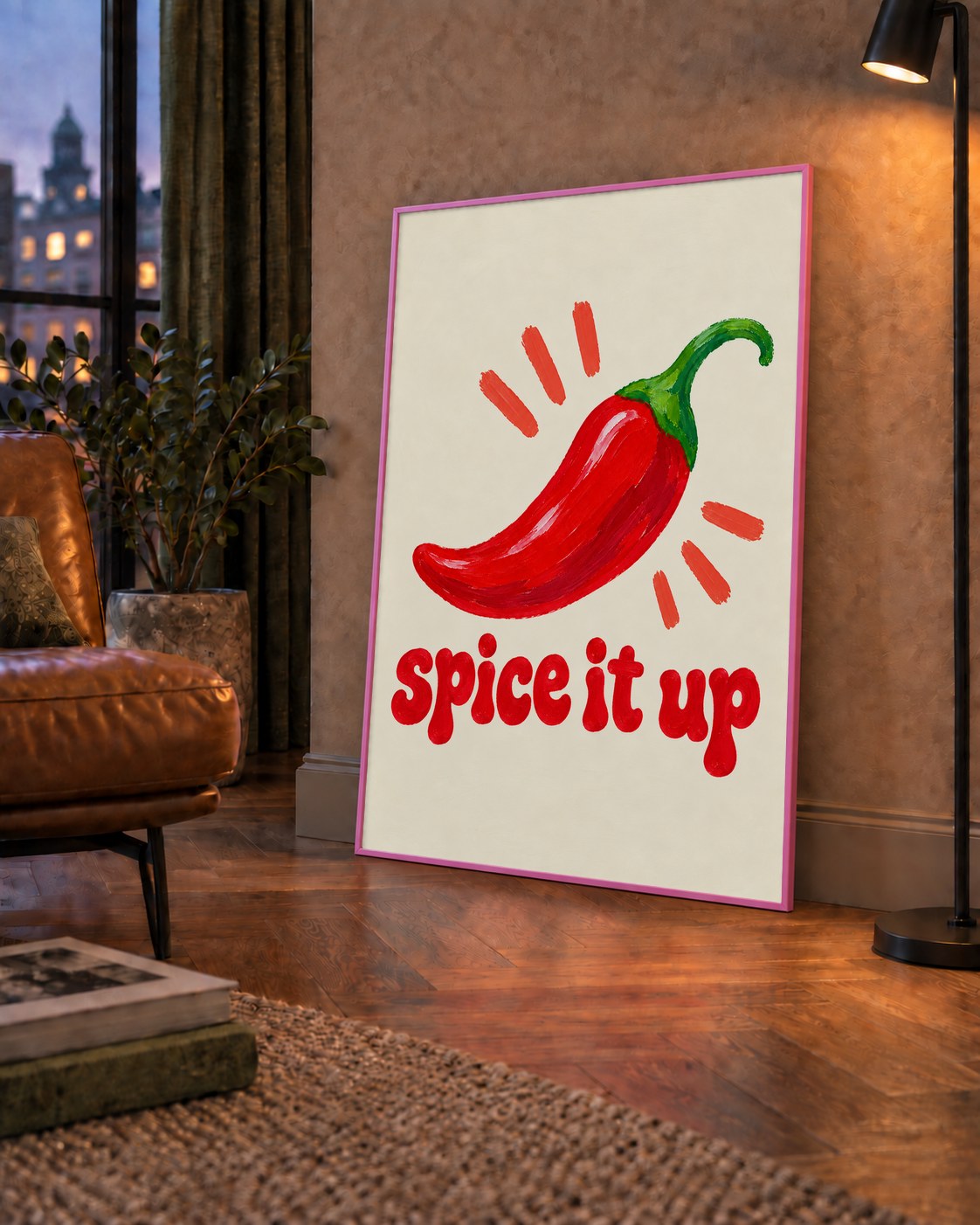 Spice It Up Kırmızı Biber İllüstrasyon Poster – Canlı Sanat Baskısı — çerçeveli hâliyle bir ev duvarında