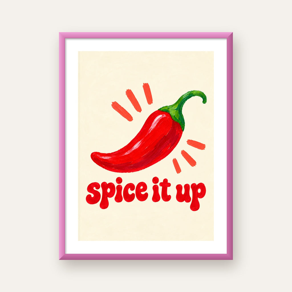 Spice It Up Kırmızı Biber İllüstrasyon Poster – Canlı Sanat Baskısı — pembe çerçeveli paspartulu