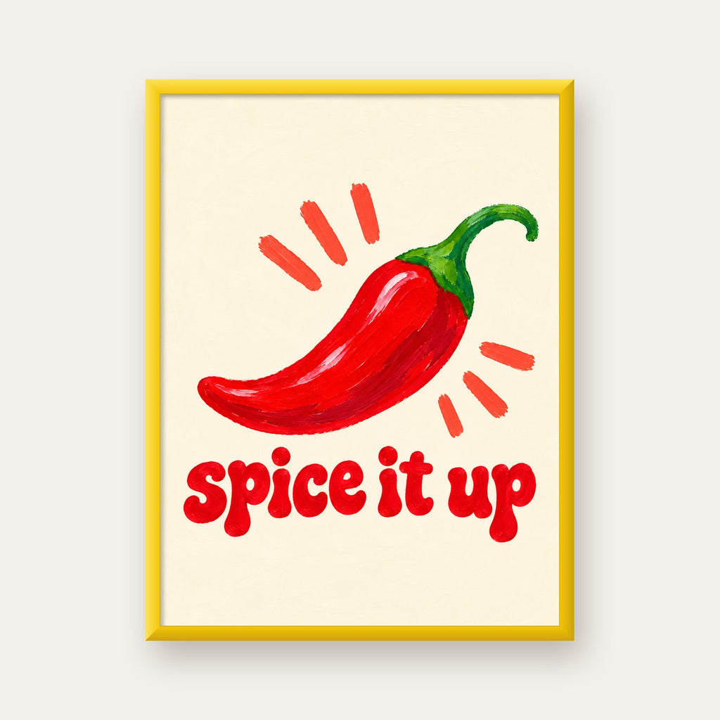 Spice It Up Kırmızı Biber İllüstrasyon Poster – Canlı Sanat Baskısı — sarı çerçeveli