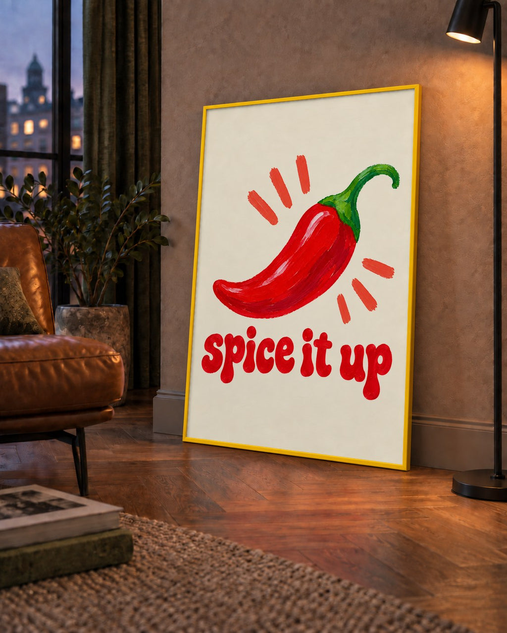 Spice It Up Kırmızı Biber İllüstrasyon Poster – Canlı Sanat Baskısı — çerçeveli hâliyle bir ev duvarında
