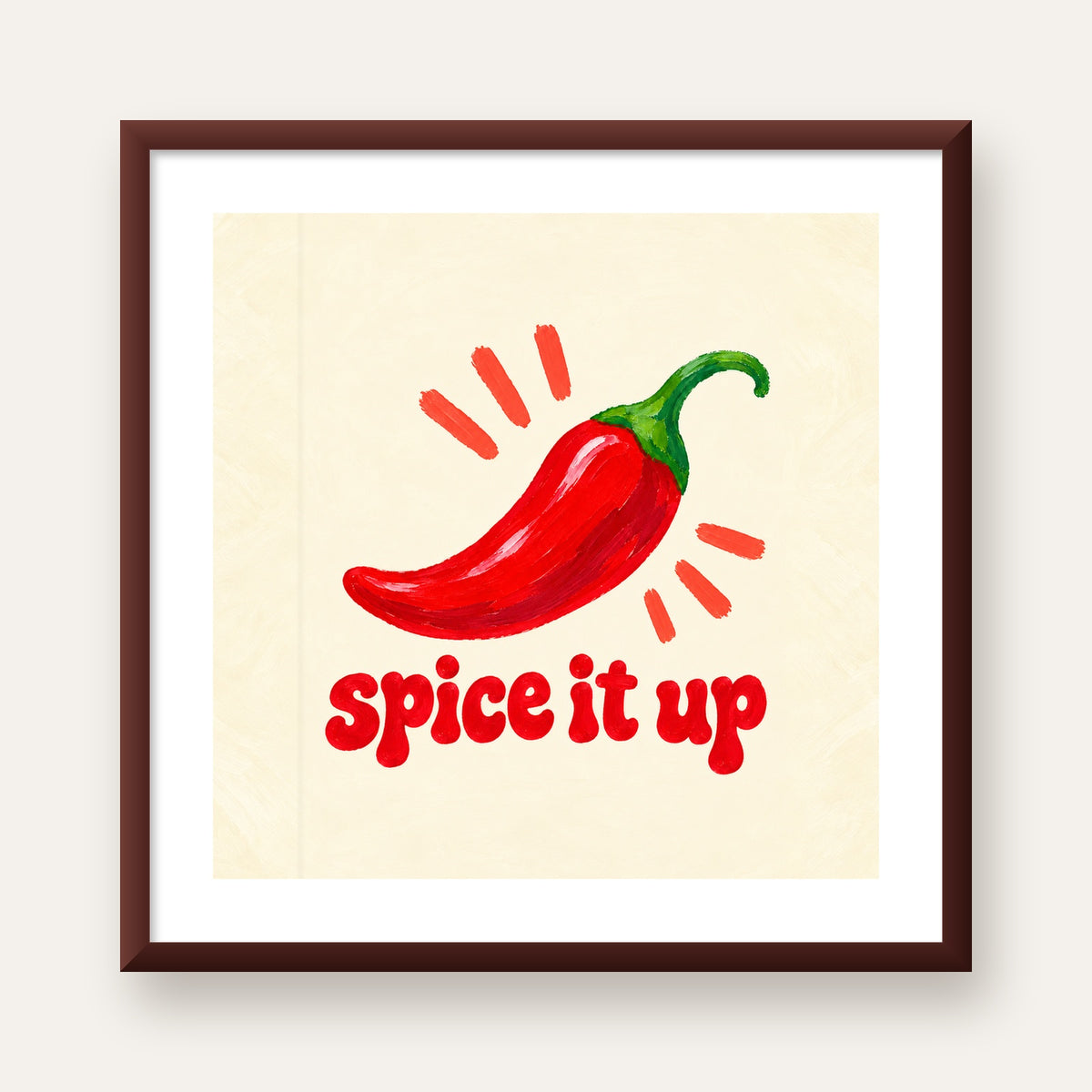 Spice It Up Kırmızı Biber İllüstrasyon Poster – Canlı Sanat Baskısı — ceviz çerçeveli paspartulu