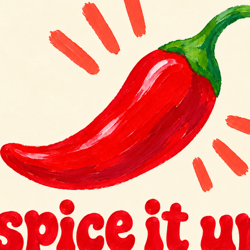 Kırmızı Biber İllüstrasyonlu Baharat Temalı Poster, Spice It Up — baskının yakın çekimi, kâğıt dokusu ve renk detayı
