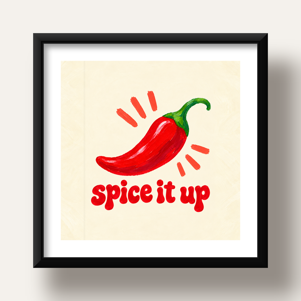 Spice It Up Kırmızı Biber İllüstrasyon Poster – Canlı Sanat Baskısı — siyah derin çerçeveli paspartulu