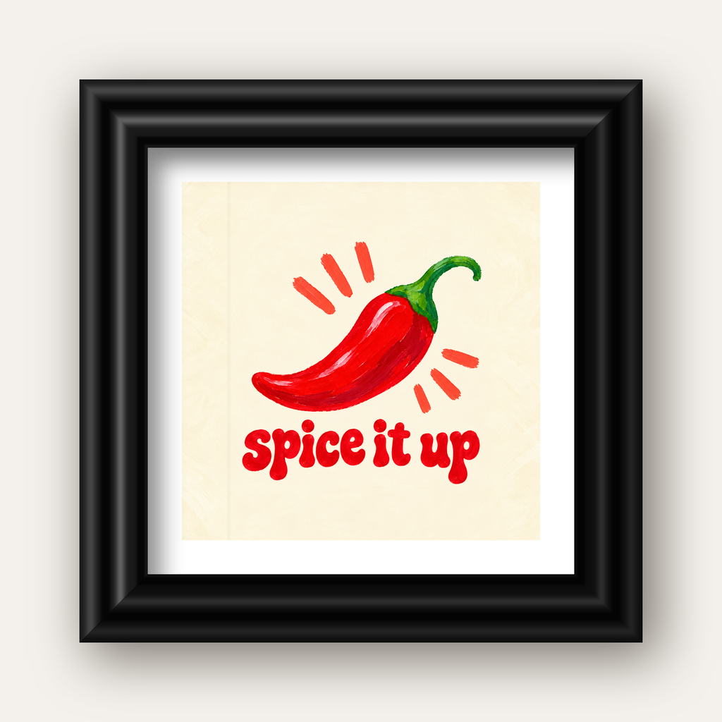 Spice It Up Kırmızı Biber İllüstrasyon Poster – Canlı Sanat Baskısı — siyah galeri çerçeveli paspartulu