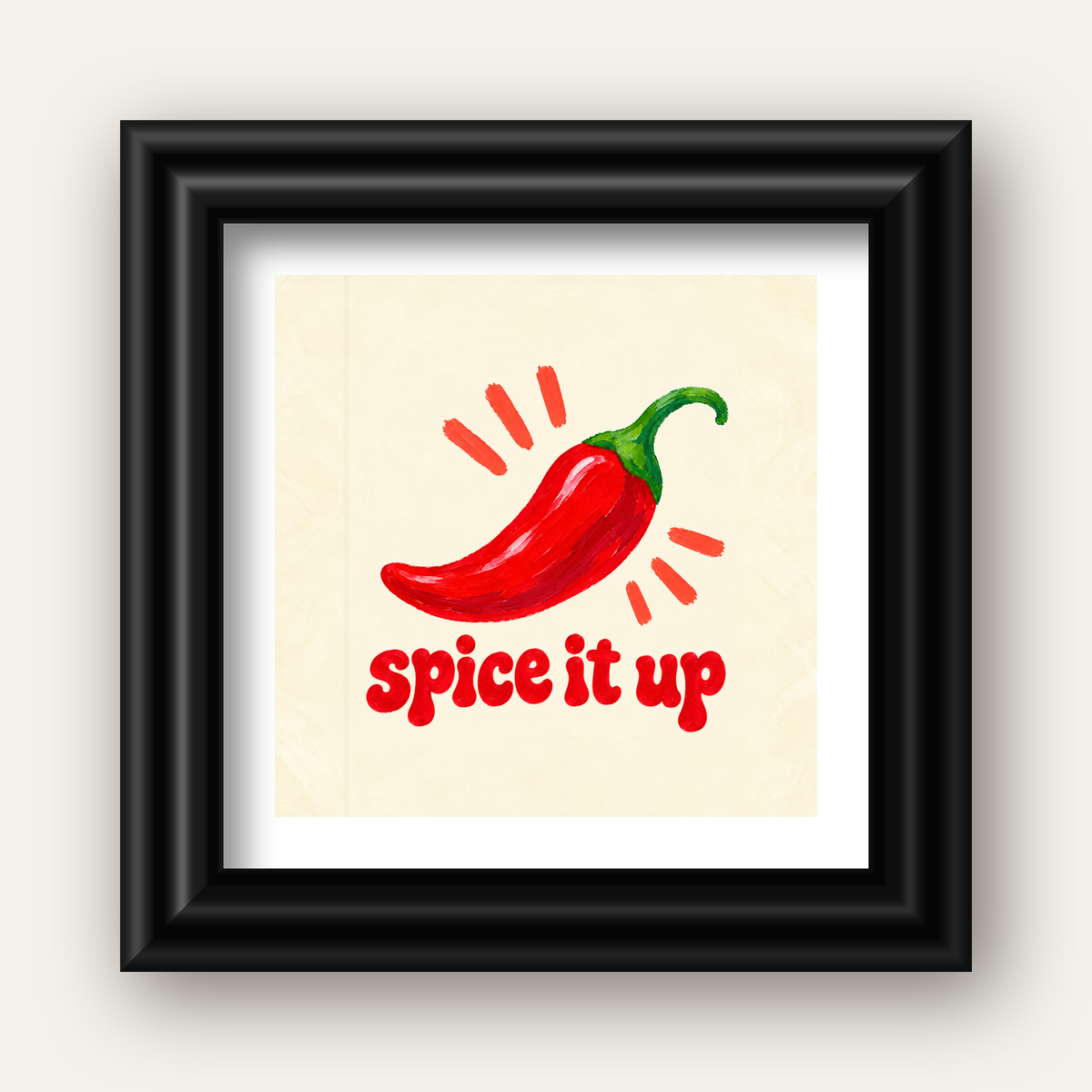 Spice It Up Kırmızı Biber İllüstrasyon Poster – Canlı Sanat Baskısı — siyah galeri çerçeveli paspartulu