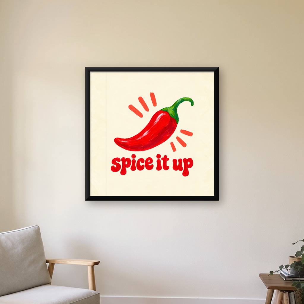 Kırmızı Biber İllüstrasyonlu Baharat Temalı Poster, Spice It Up — Kare baskı, çerçeveli hâliyle bir ev duvarında