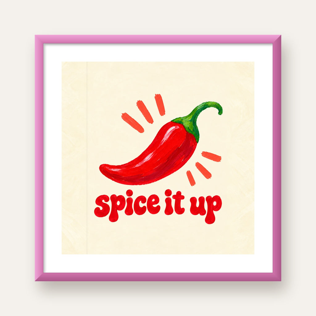 Spice It Up Kırmızı Biber İllüstrasyon Poster – Canlı Sanat Baskısı — pembe çerçeveli paspartulu