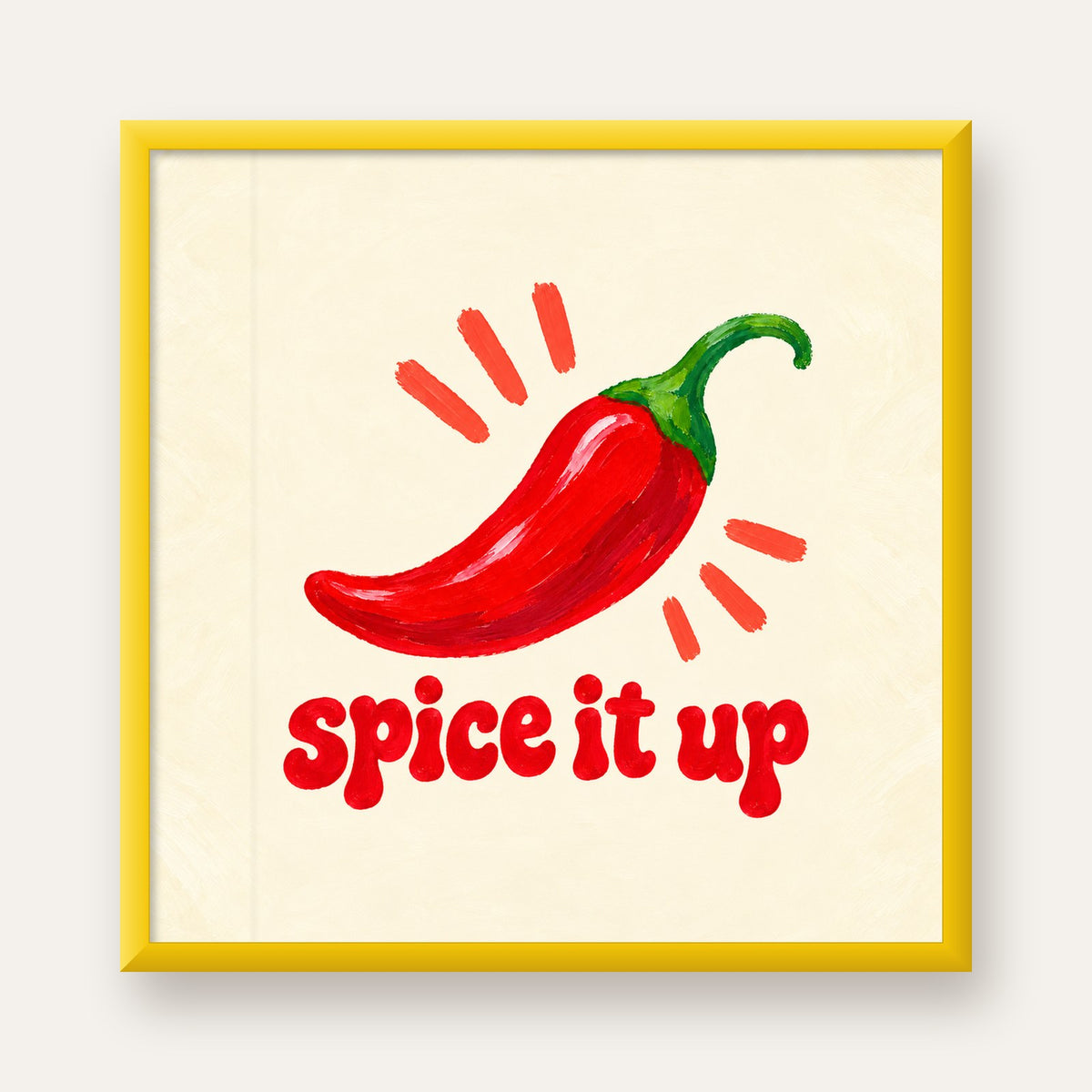 Spice It Up Kırmızı Biber İllüstrasyon Poster – Canlı Sanat Baskısı — sarı çerçeveli