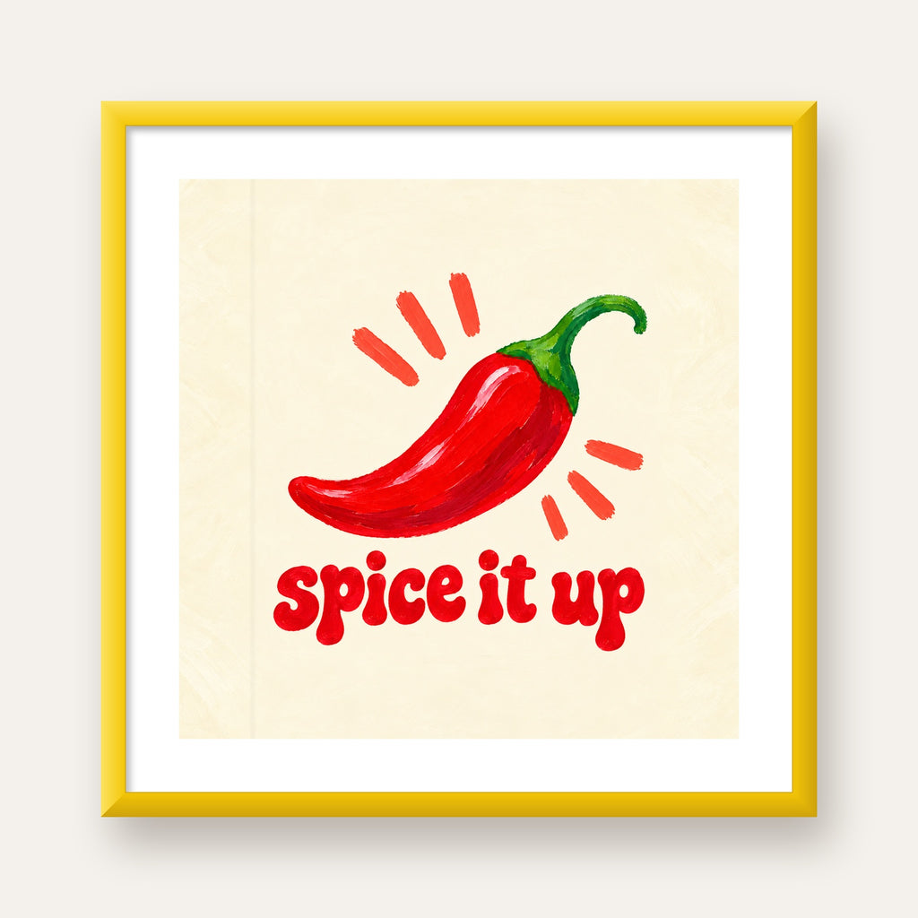 Spice It Up Kırmızı Biber İllüstrasyon Poster – Canlı Sanat Baskısı — sarı çerçeveli paspartulu