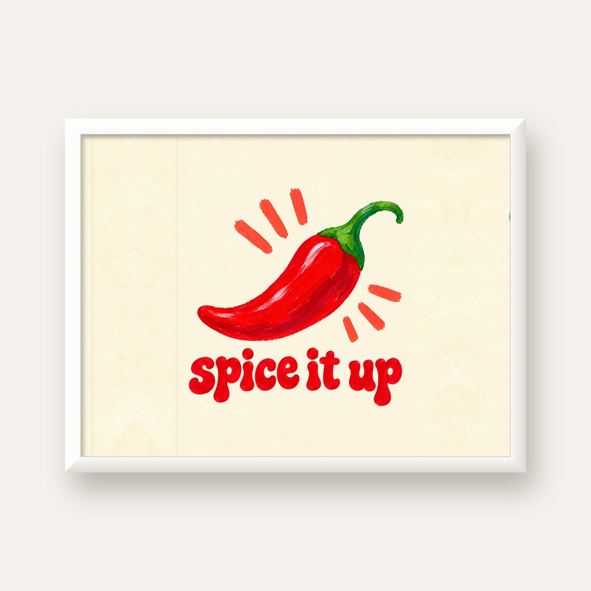 Spice It Up Kırmızı Biber İllüstrasyon Poster – Canlı Sanat Baskısı — beyaz çerçeveli yatay poster