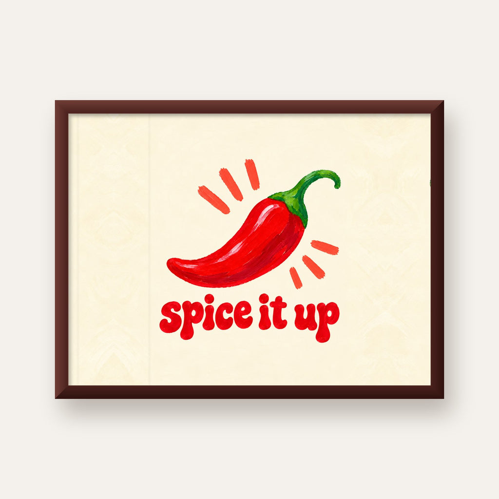 Spice It Up Kırmızı Biber İllüstrasyon Poster – Canlı Sanat Baskısı — ceviz çerçeveli