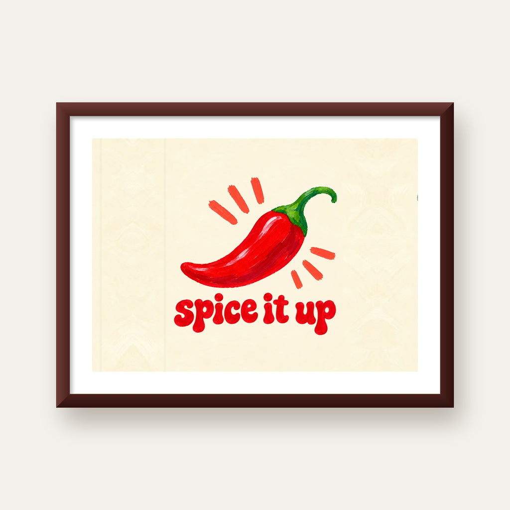 Spice It Up Kırmızı Biber İllüstrasyon Poster – Canlı Sanat Baskısı — ceviz çerçeveli paspartulu