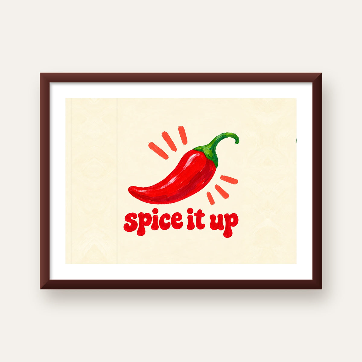 Spice It Up Kırmızı Biber İllüstrasyon Poster – Canlı Sanat Baskısı — ceviz çerçeveli paspartulu