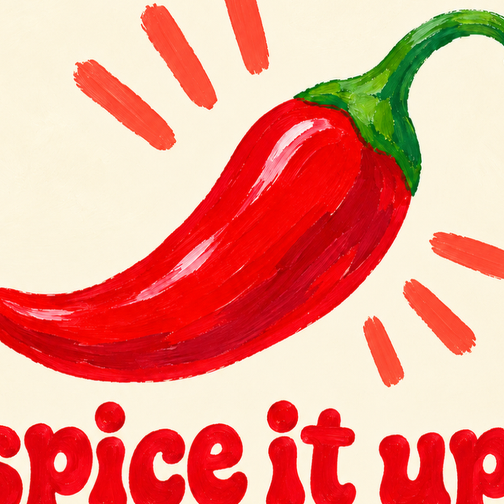 Kırmızı Biber İllüstrasyonlu Baharat Temalı Poster, Spice It Up — baskının yakın çekimi, kâğıt dokusu ve renk detayı