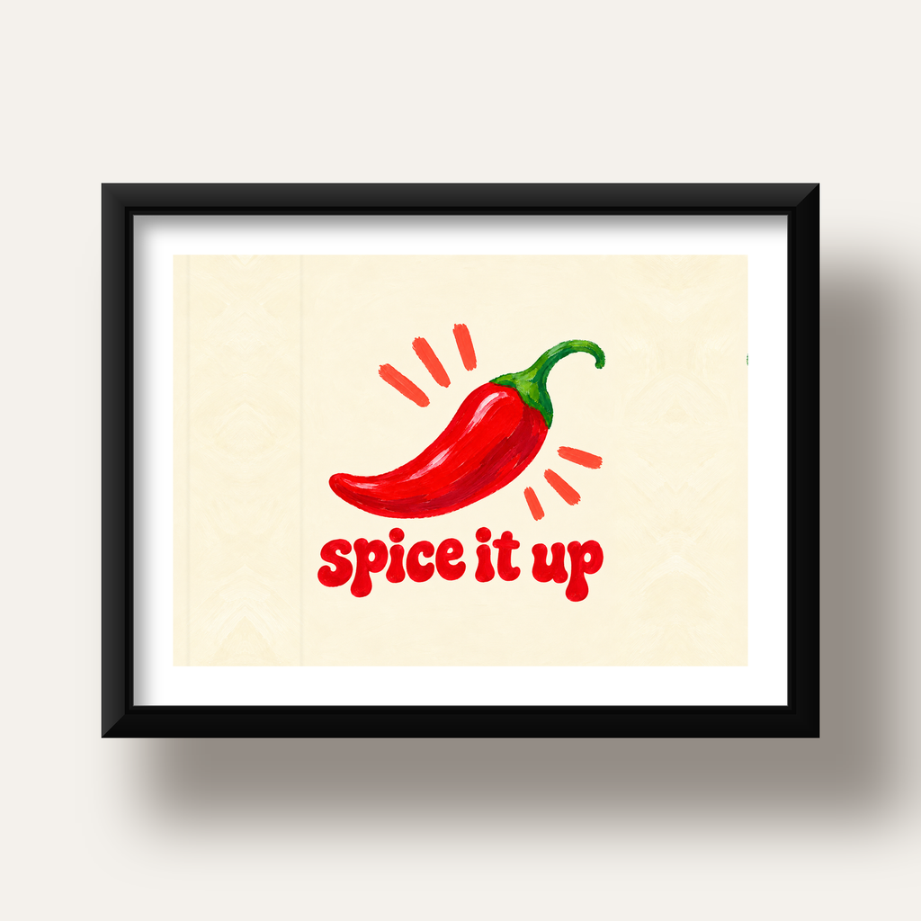 Spice It Up Kırmızı Biber İllüstrasyon Poster – Canlı Sanat Baskısı — siyah derin çerçeveli paspartulu
