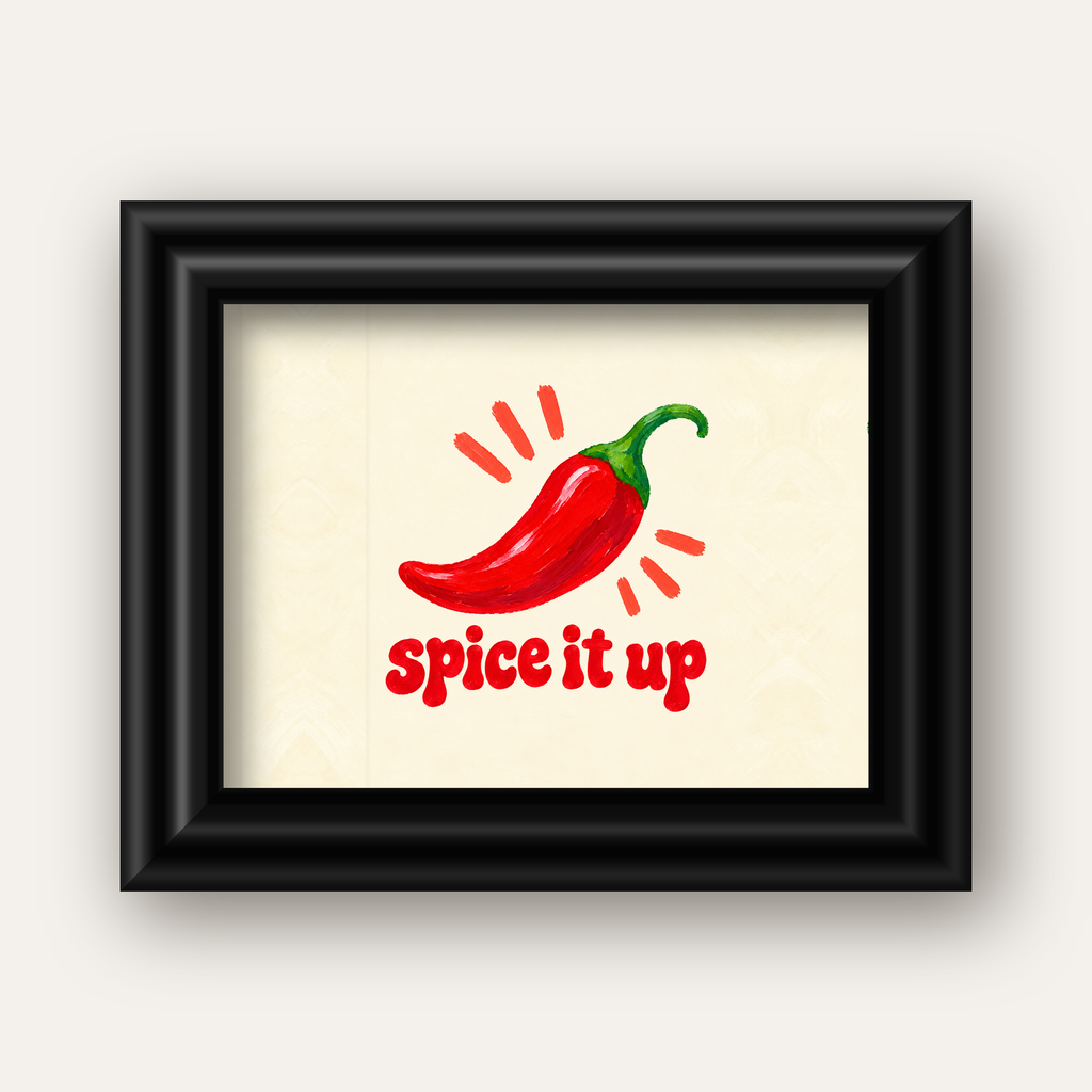 Spice It Up Kırmızı Biber İllüstrasyon Poster – Canlı Sanat Baskısı — siyah galeri çerçeveli