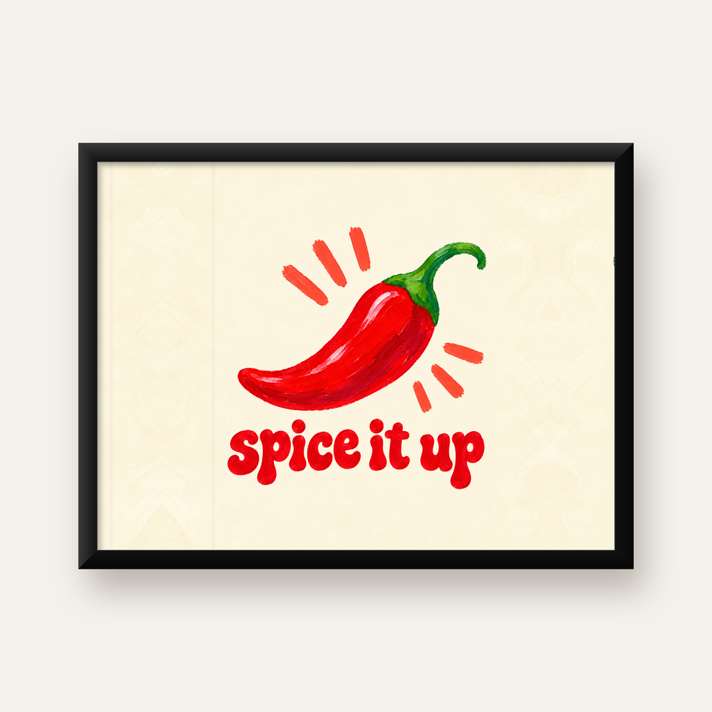 Kırmızı Biber İllüstrasyonlu Baharat Temalı Poster, Spice It Up — Yatay baskı, düz siyah çerçeveli duvar posteri