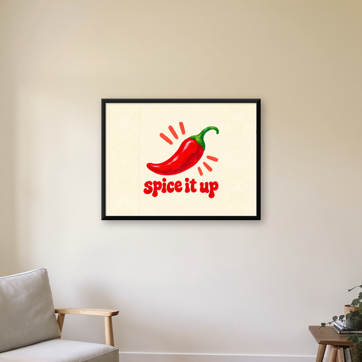 Kırmızı Biber İllüstrasyonlu Baharat Temalı Poster, Spice It Up — Yatay baskı, çerçeveli hâliyle bir ev duvarında