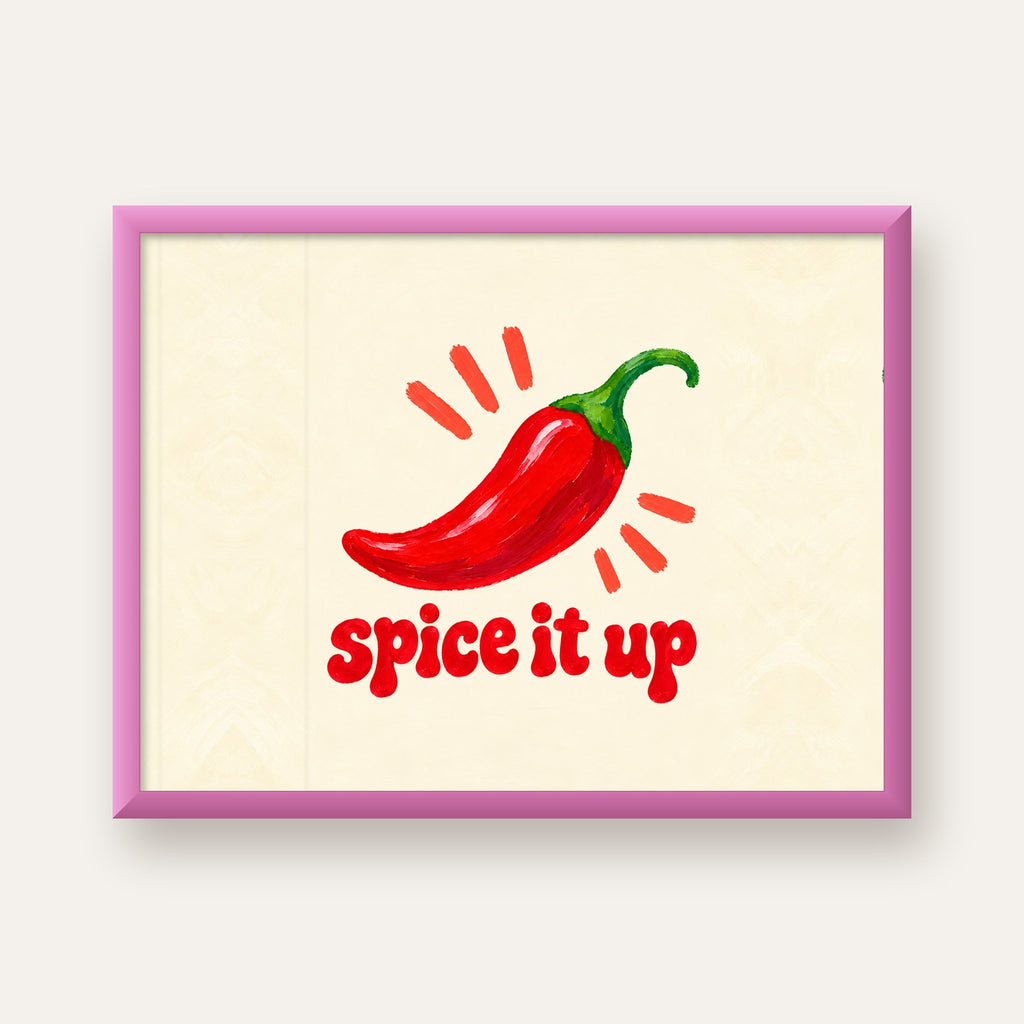 Spice It Up Kırmızı Biber İllüstrasyon Poster – Canlı Sanat Baskısı — pembe çerçeveli