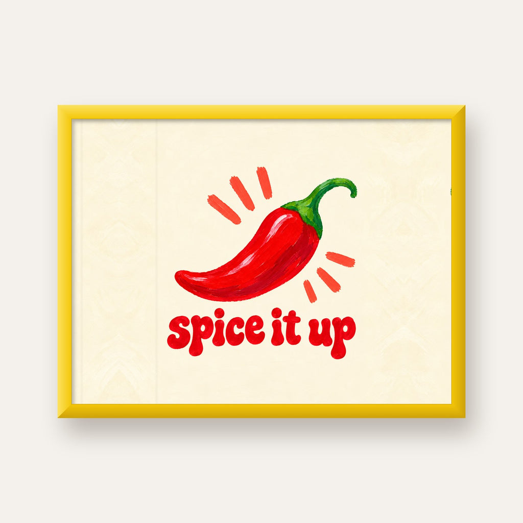 Spice It Up Kırmızı Biber İllüstrasyon Poster – Canlı Sanat Baskısı — sarı çerçeveli