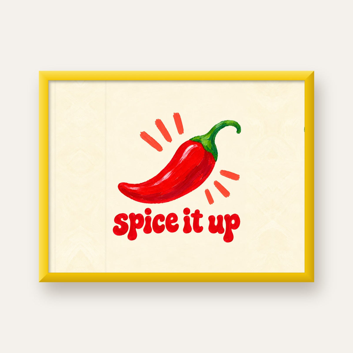 Spice It Up Kırmızı Biber İllüstrasyon Poster – Canlı Sanat Baskısı — sarı çerçeveli