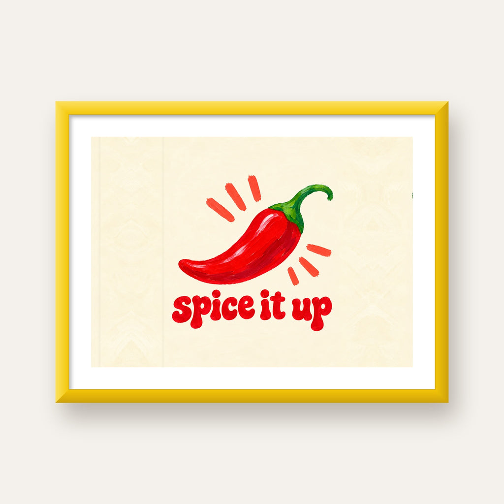 Spice It Up Kırmızı Biber İllüstrasyon Poster – Canlı Sanat Baskısı — sarı çerçeveli paspartulu