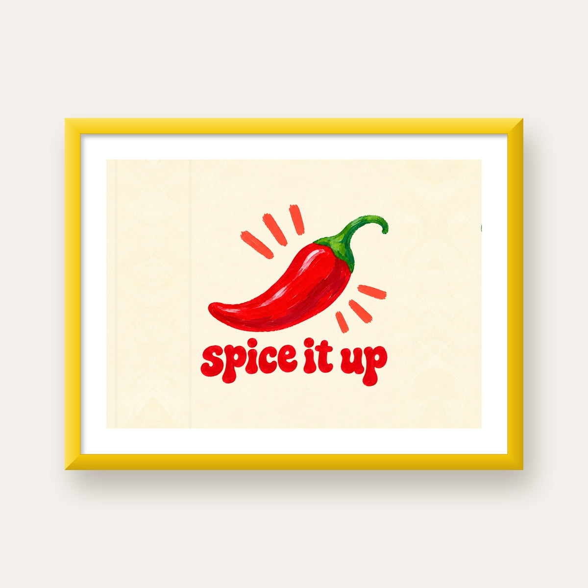 Spice It Up Kırmızı Biber İllüstrasyon Poster – Canlı Sanat Baskısı — sarı çerçeveli paspartulu