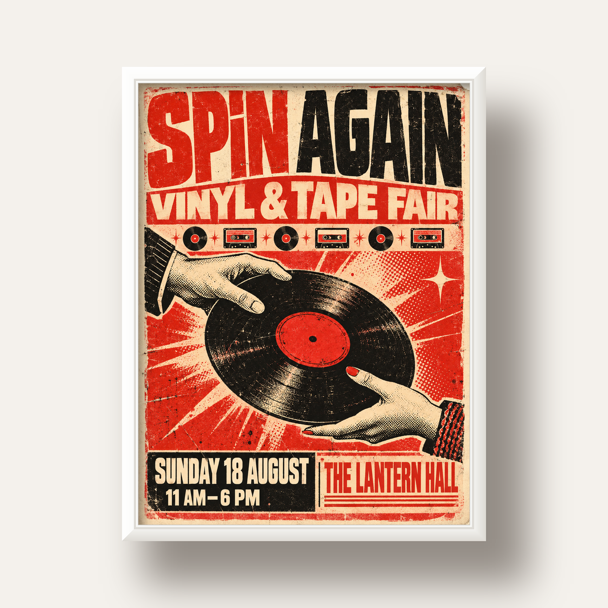 Retro Plak ve Kaset Fuarı Poster – Çizgi Roman Stili Baskı — beyaz derin çerçeveli