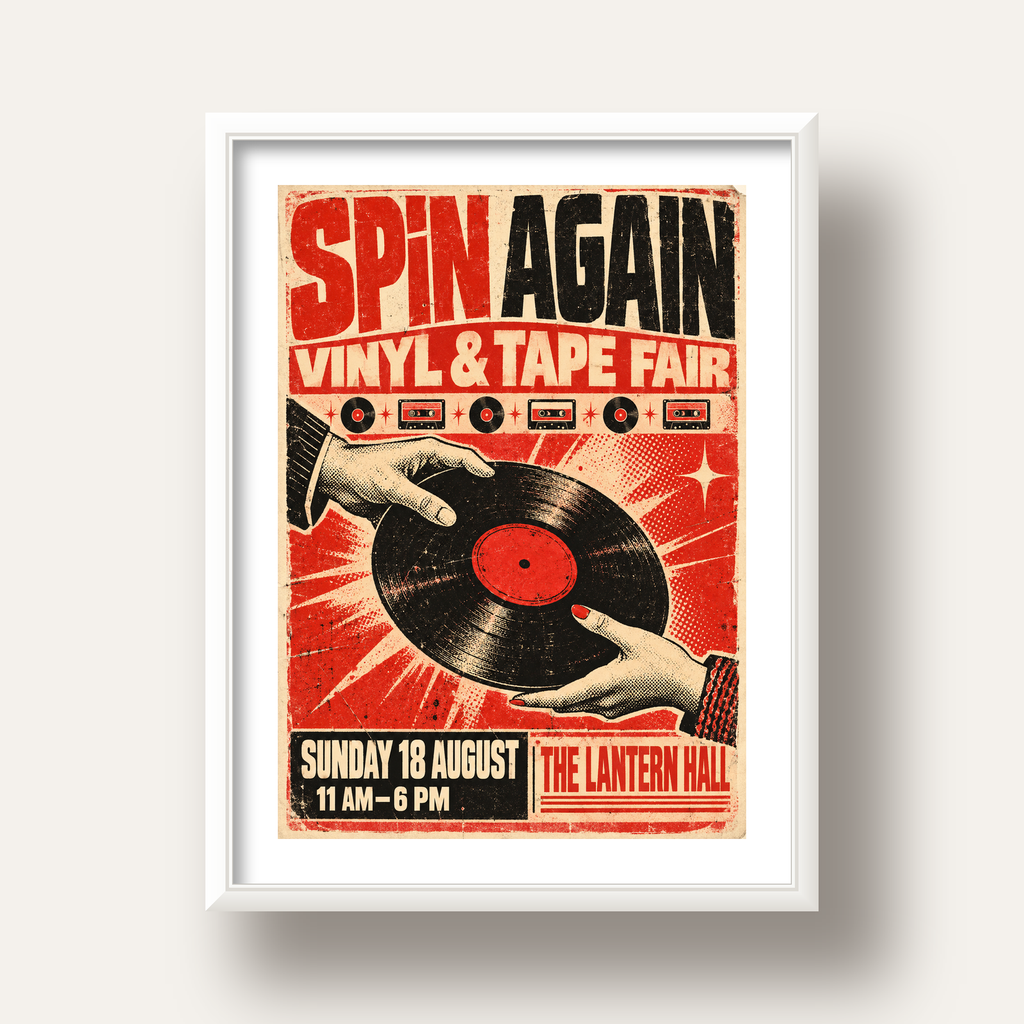 Retro Plak ve Kaset Fuarı Poster – Çizgi Roman Stili Baskı — beyaz derin çerçeveli paspartulu