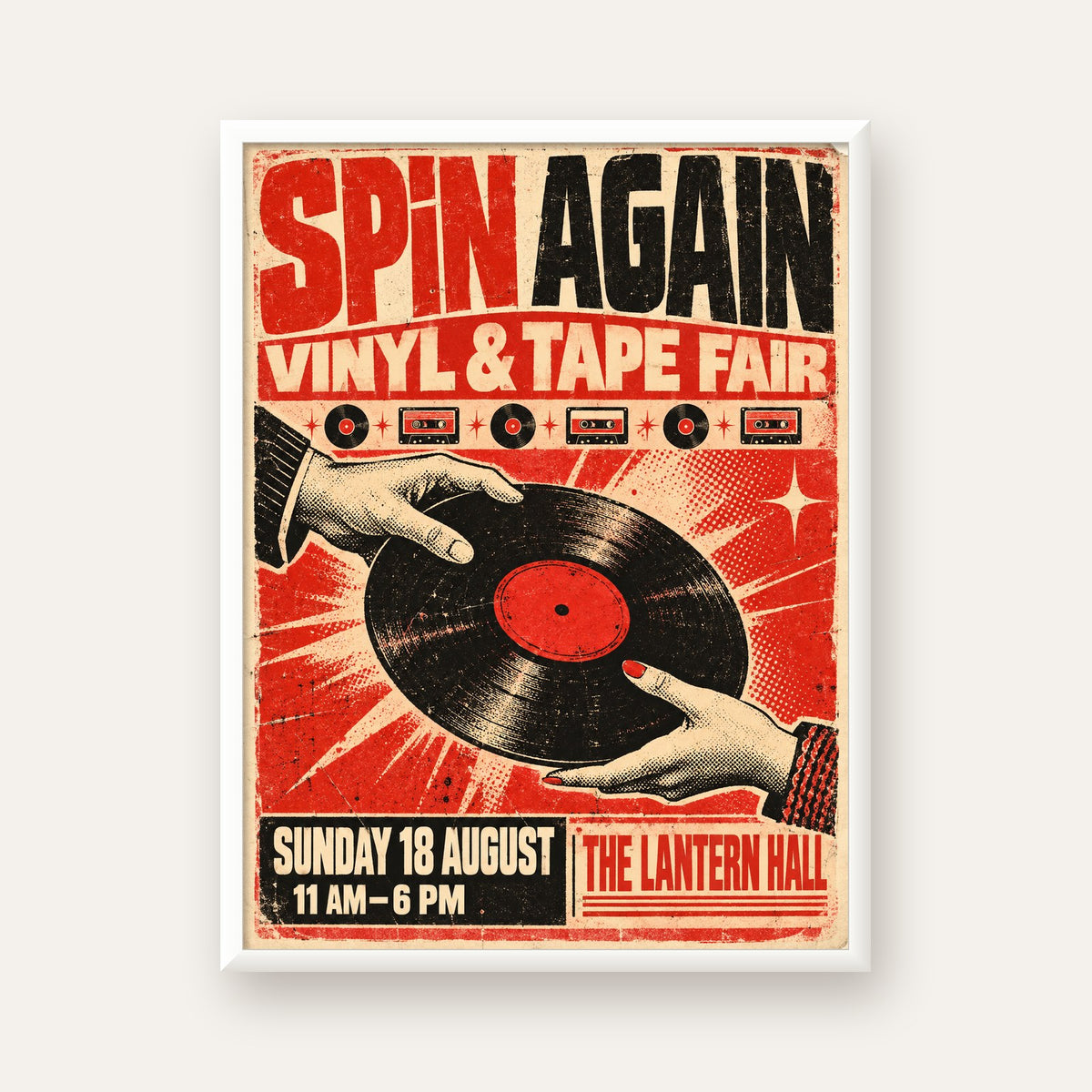 Retro Plak ve Kaset Fuarı Poster – Çizgi Roman Stili Baskı — beyaz çerçeveli dikey poster
