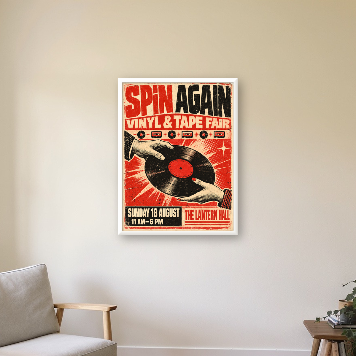 Retro Plak ve Kaset Fuarı Poster – Çizgi Roman Stili Baskı — beyaz çerçeveli dikey poster