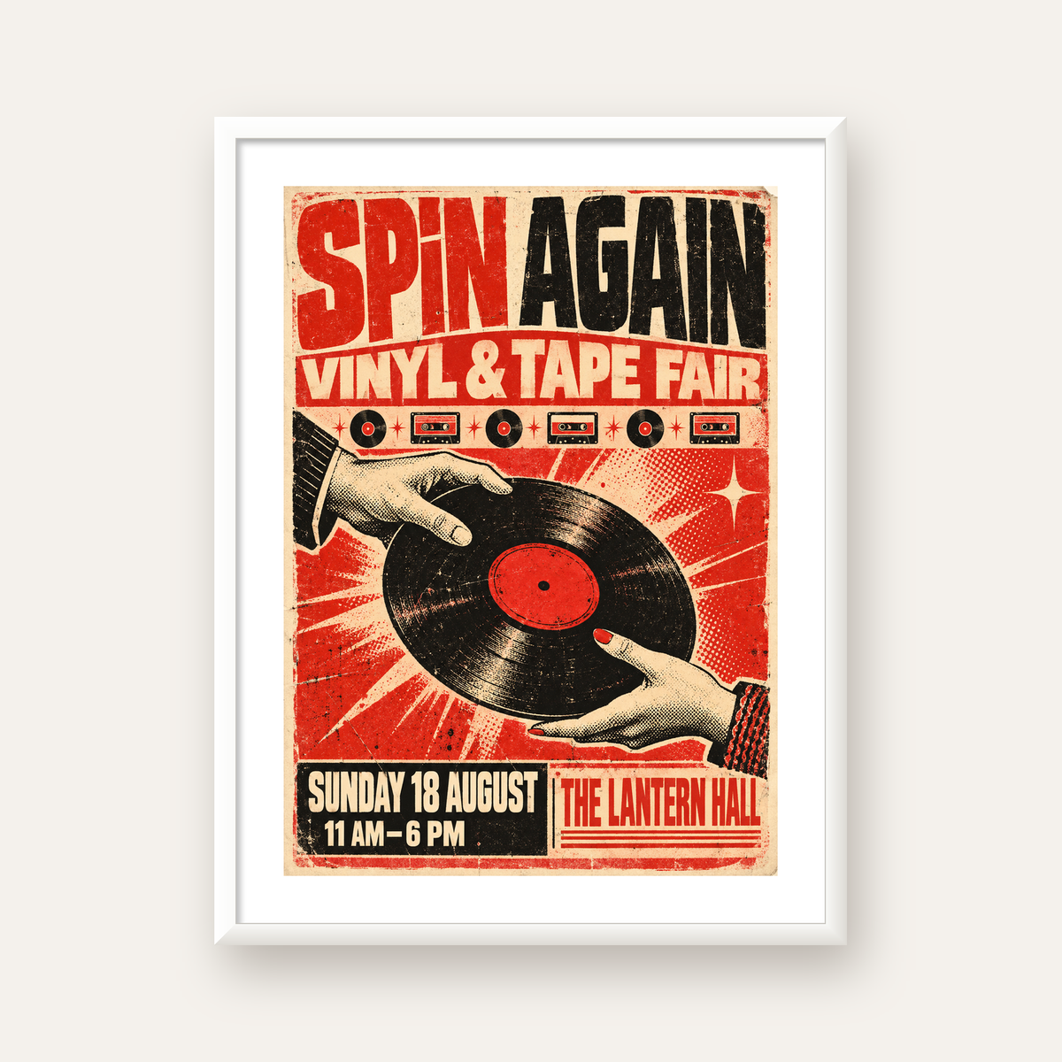 Retro Plak ve Kaset Fuarı Poster – Çizgi Roman Stili Baskı — beyaz çerçeveli dikey poster