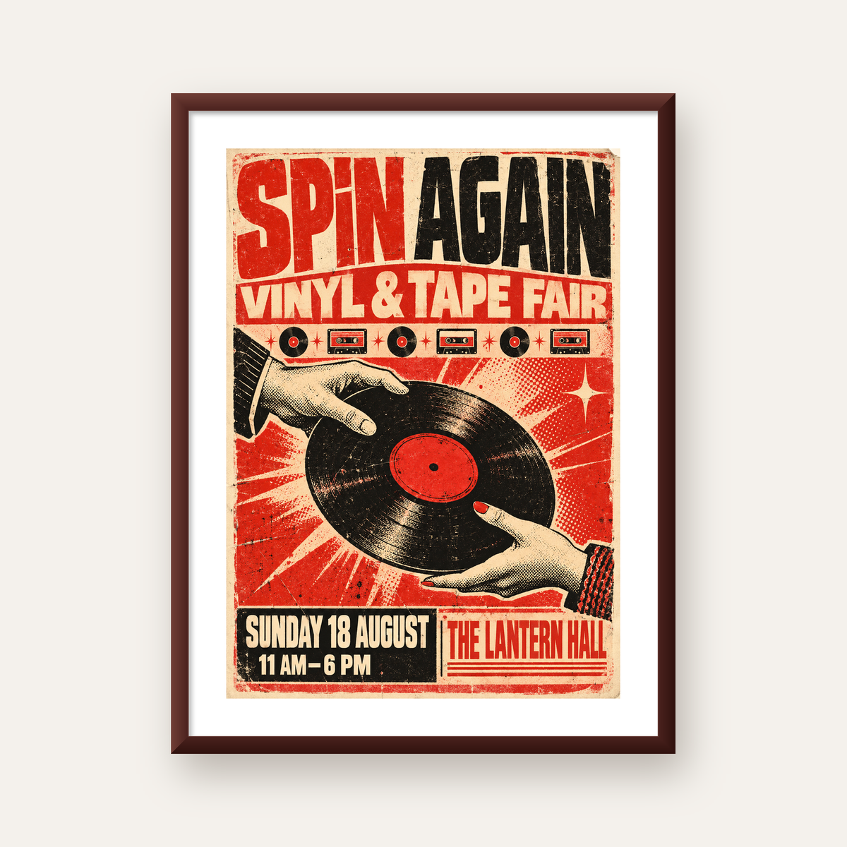Retro Plak ve Kaset Fuarı Poster – Çizgi Roman Stili Baskı — ceviz çerçeveli paspartulu
