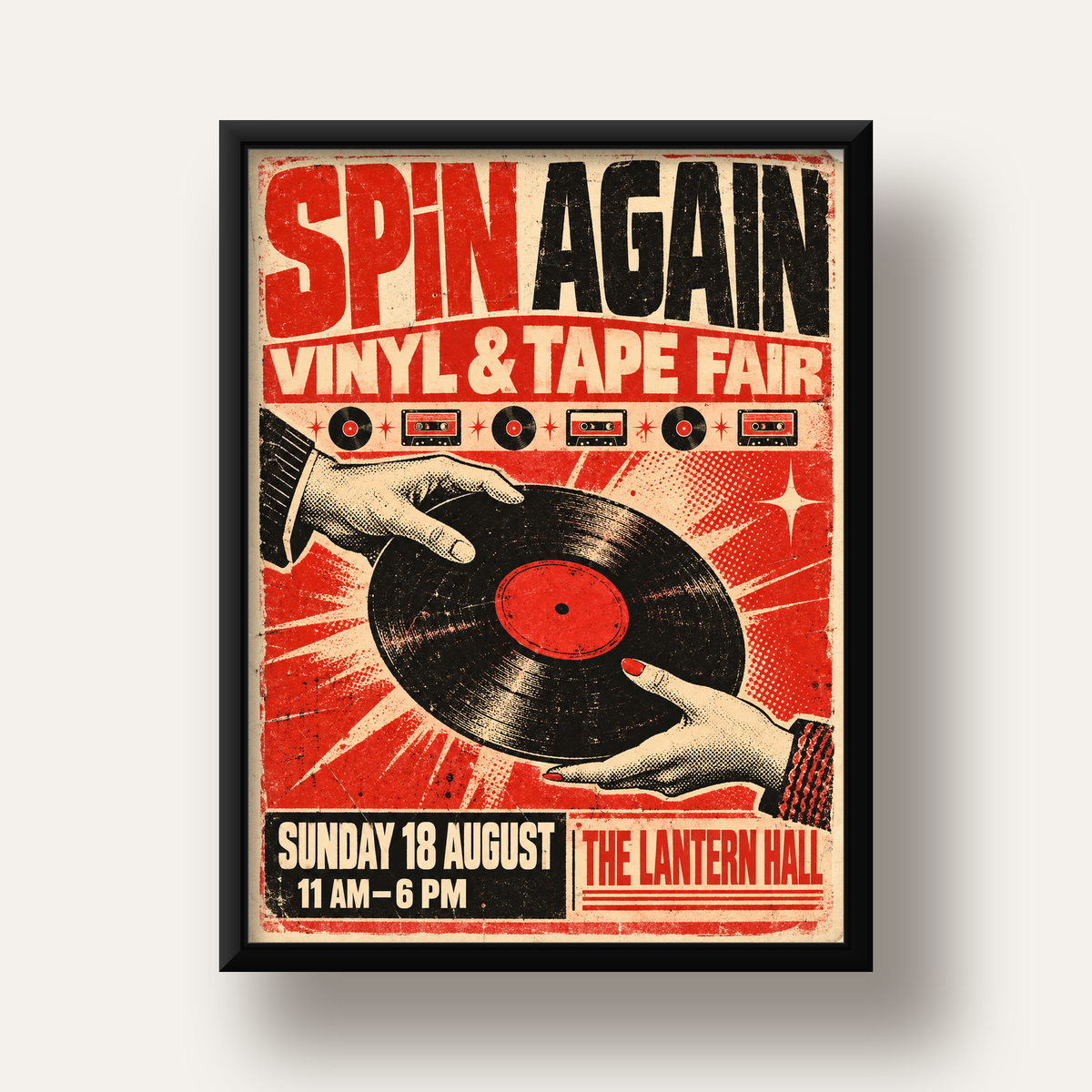Retro Plak ve Kaset Fuarı Poster – Çizgi Roman Stili Baskı — siyah derin çerçeveli