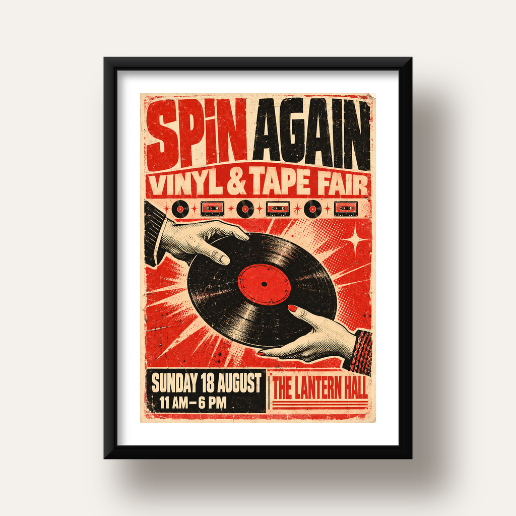 Retro Plak ve Kaset Fuarı Poster – Çizgi Roman Stili Baskı — siyah derin çerçeveli paspartulu