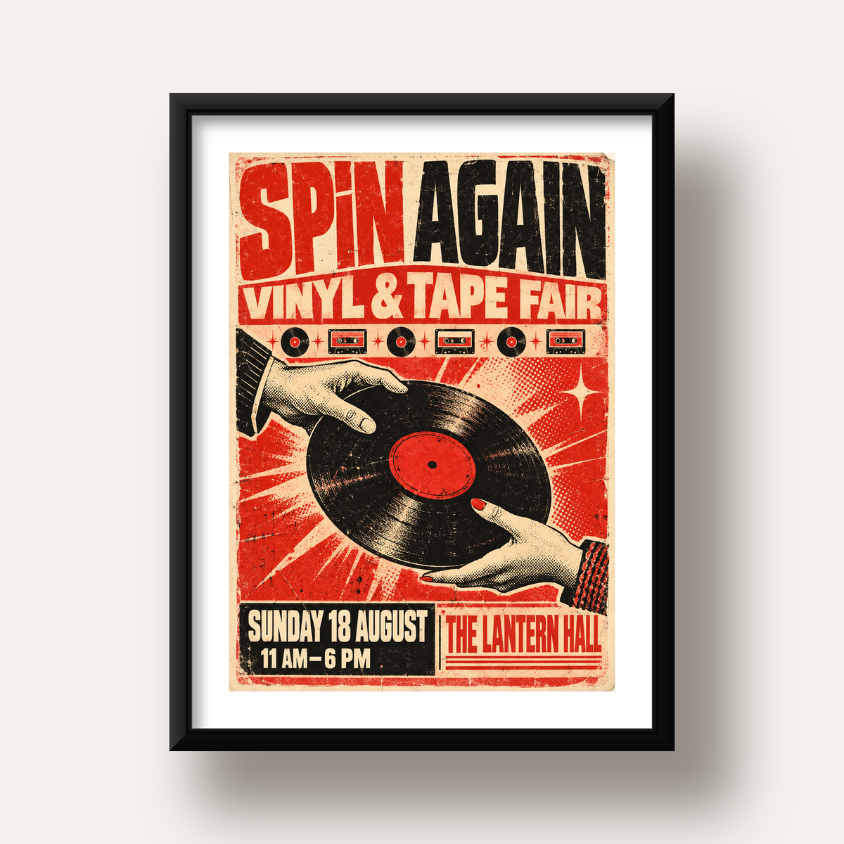 Retro Plak ve Kaset Fuarı Poster – Çizgi Roman Stili Baskı — siyah derin çerçeveli paspartulu