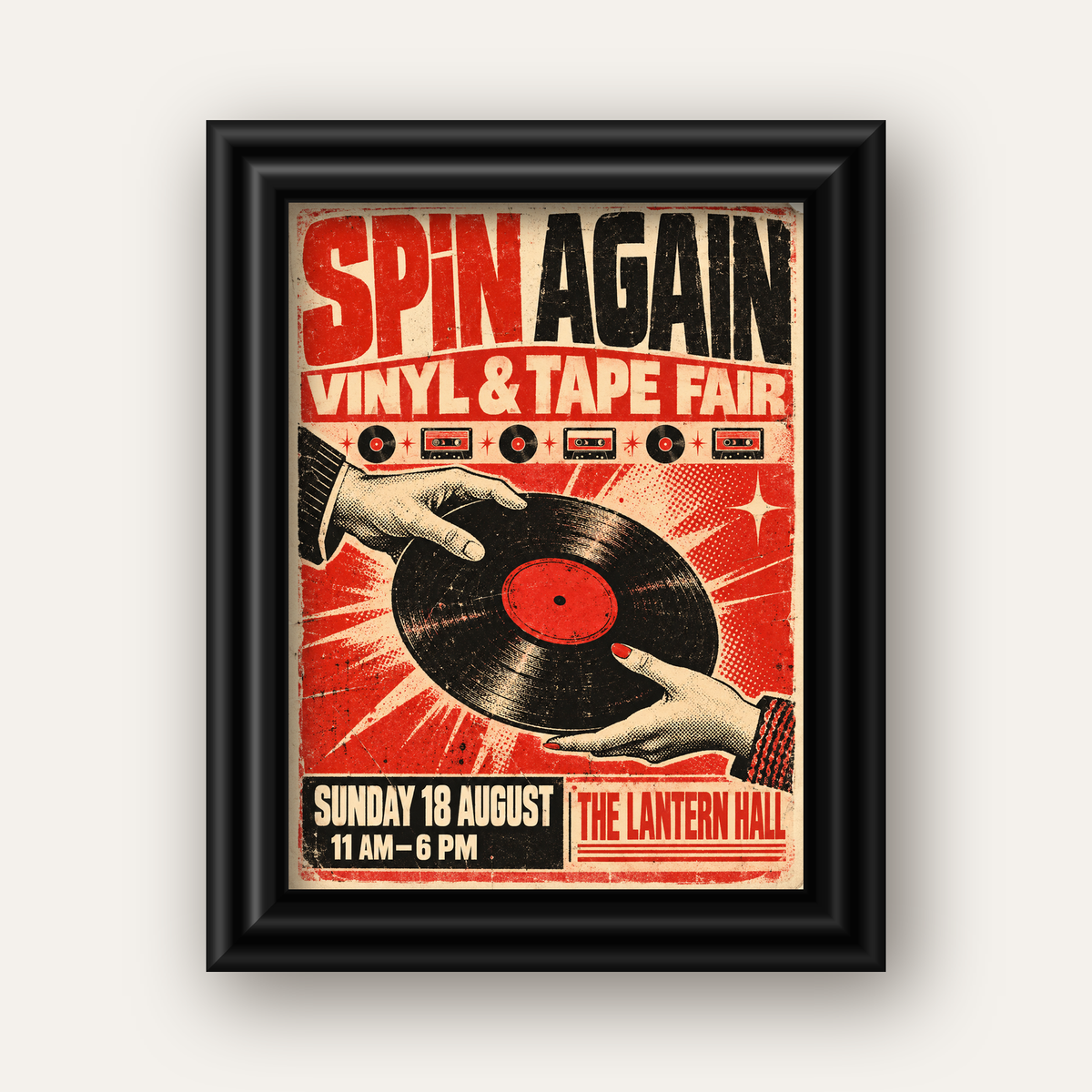 Retro Plak ve Kaset Fuarı Poster – Çizgi Roman Stili Baskı — siyah galeri çerçeveli