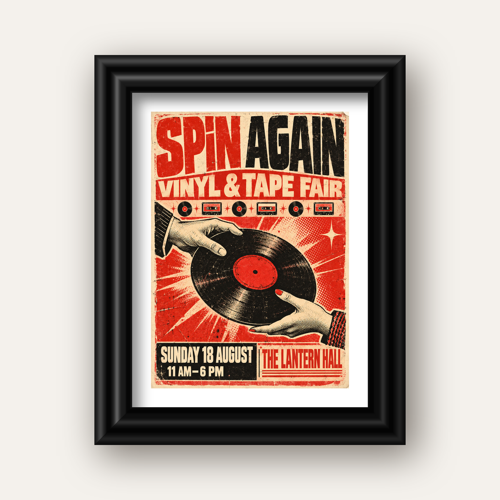 Retro Plak ve Kaset Fuarı Poster – Çizgi Roman Stili Baskı — siyah galeri çerçeveli paspartulu