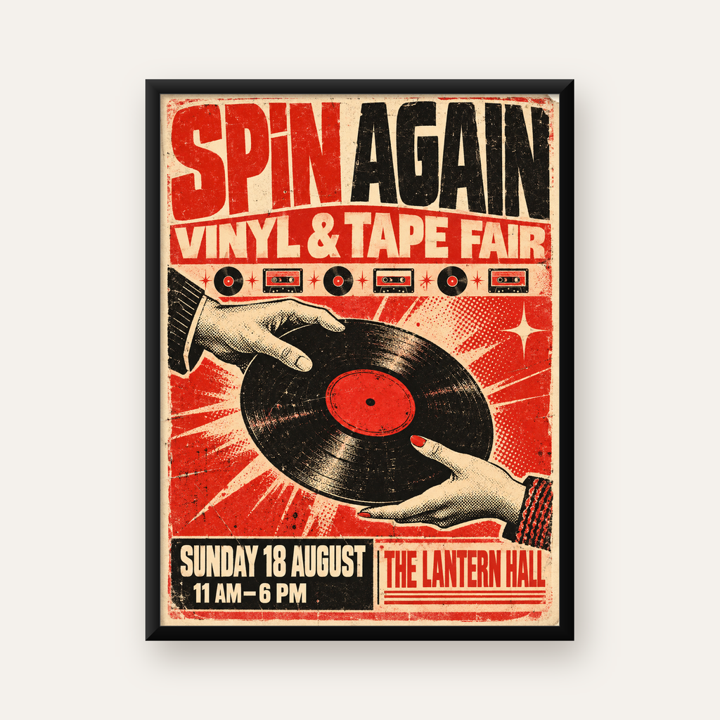 Retro Plak ve Kaset Fuarı Poster – Çizgi Roman Stili Baskı — Dikey baskı, düz siyah çerçeveli duvar posteri