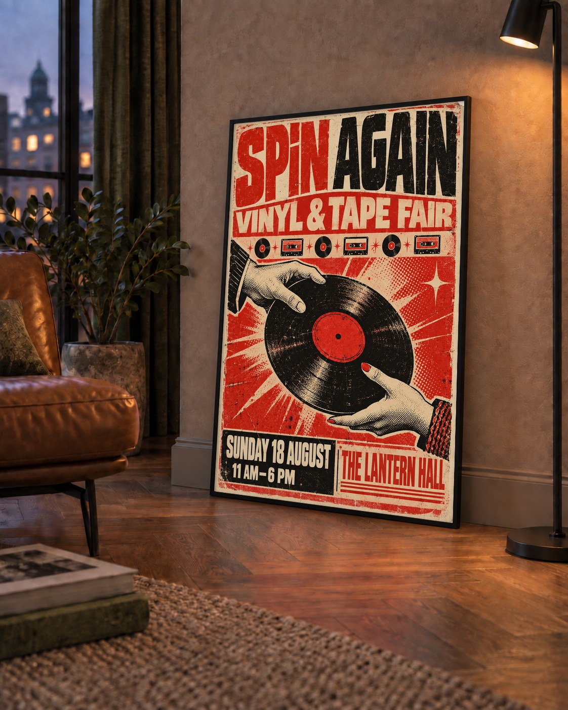 Retro Plak ve Kaset Fuarı Poster – Çizgi Roman Stili Baskı — çerçeveli hâliyle bir ev duvarında