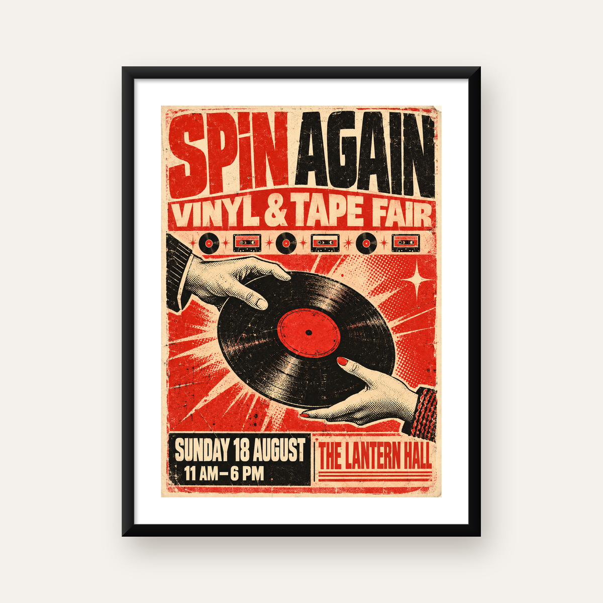 Retro Plak ve Kaset Fuarı Poster – Çizgi Roman Stili Baskı — Dikey baskı, beyaz paspartulu