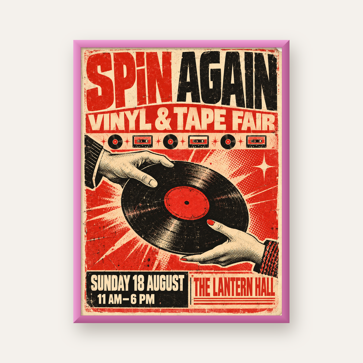 Retro Plak ve Kaset Fuarı Poster – Çizgi Roman Stili Baskı — pembe çerçeveli