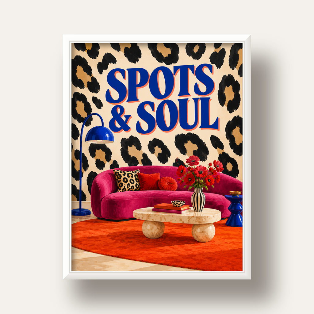 Leopar Desenli Retro Salon Poster – SPOTS & SOUL Duvar Sanatı — beyaz derin çerçeveli