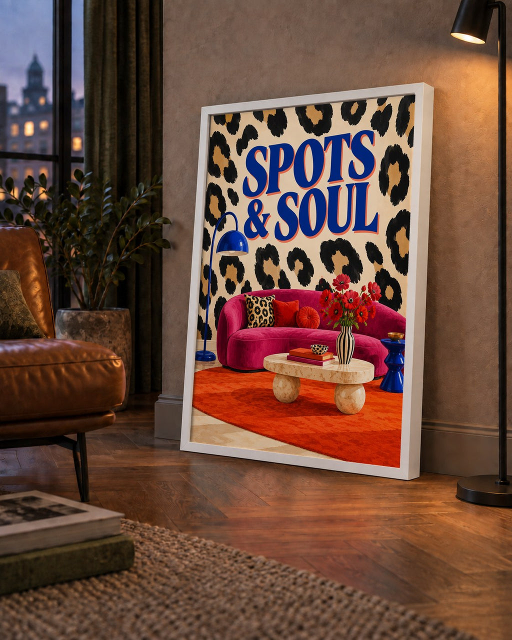 Leopar Desenli Retro Salon Poster – SPOTS & SOUL Duvar Sanatı — çerçeveli hâliyle bir ev duvarında