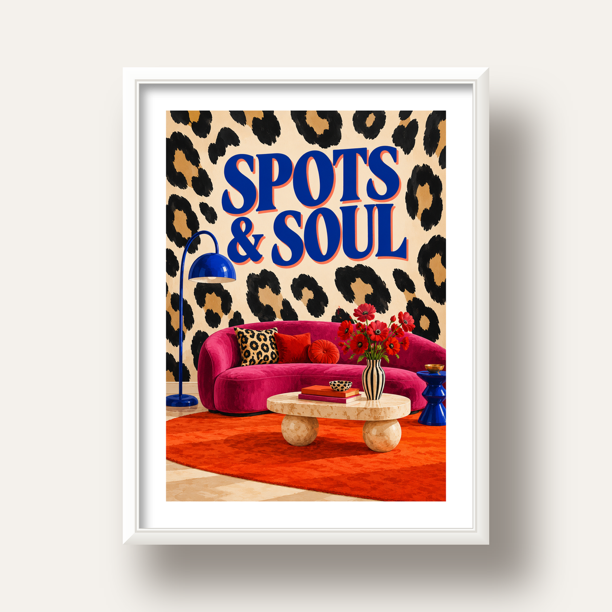 Leopar Desenli Retro Salon Poster – SPOTS & SOUL Duvar Sanatı — beyaz derin çerçeveli paspartulu